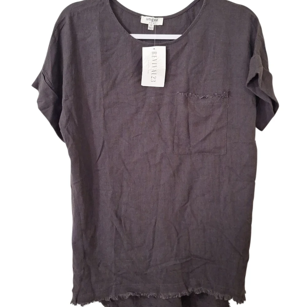 Umgee Brown Linen Blend Womens Cuffed Short Sleeve Top Sz Sm Raw Hem  Pocket NEW - Picture 2 of 9